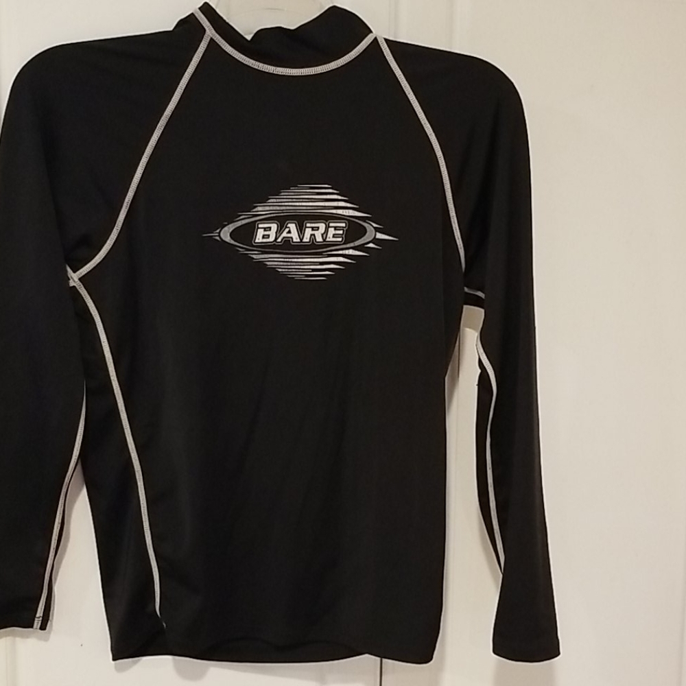 2 BARE Sun Shirts Size Large Swim, Ski, Surf Black & Red Rashguard Lot Of 2